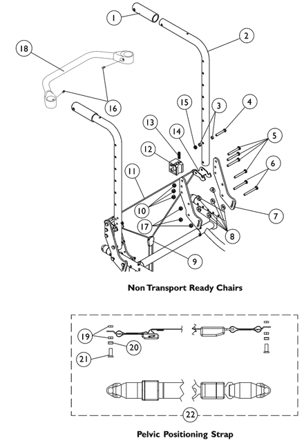 Back Canes, Backrest Crossmember, and Pelvic Positioning Strap