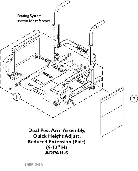 Arm Assembly, Dual Post, Quick Height Adjust, Reduced Extension