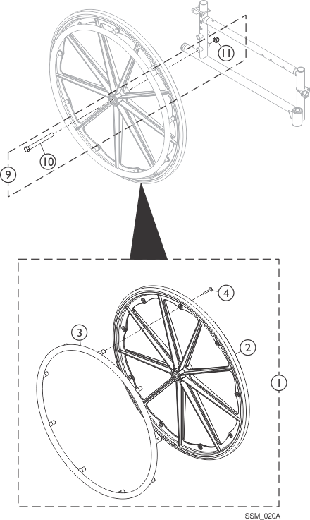 Rear Wheel, Handrim and Mounting Hardware